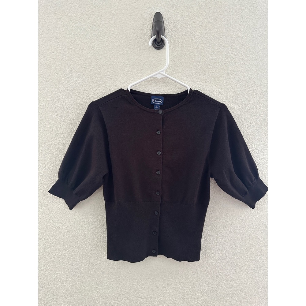 Scoop Cardigan Sweater Womens Small Black Puff Sleeve Button Front Office Siren